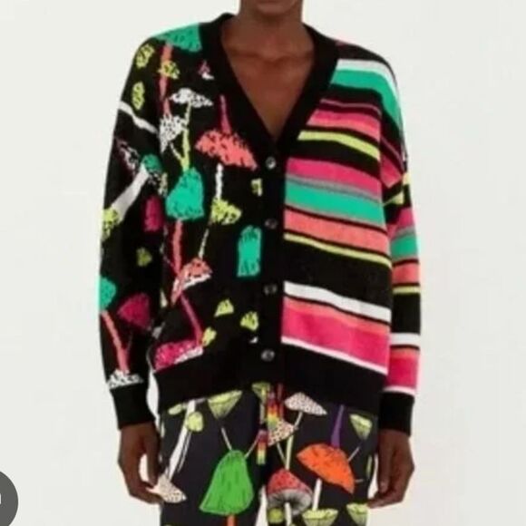 FARM Rio Sweaters - Farm Rio Colorful Mushroom Wool Sweater Cardigan Size M Psychedelic Whimsigoth